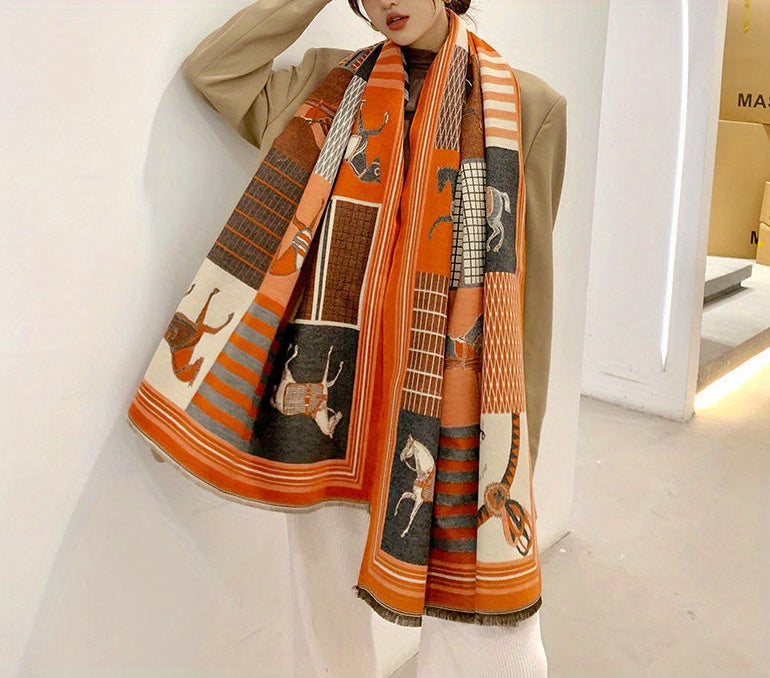 Elegant Orange Horse & Chain Jacquard Scarf - Imitation Cashmere, Thick Warm Tassel Shawl For Winter Windproof Protection