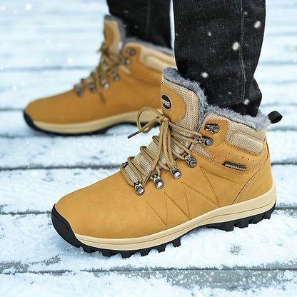 Men's High Top Solid Snow Boots, Warm Fleece Cozy Non-slip Ankle Boots Plush Comfy Outdoor Hiking Shoes Lined Trekking Shoes, Winter