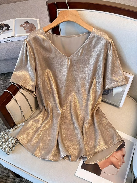 Plus Size V Neck Shiny Metallic Blouse - Comfortable Short Sleeve Casual Top for Spring and Summer - Polyester Non-Stretch Woven Fabric, Solid Color, Middle East Style, Shirting Type, Suitable for All Seasons