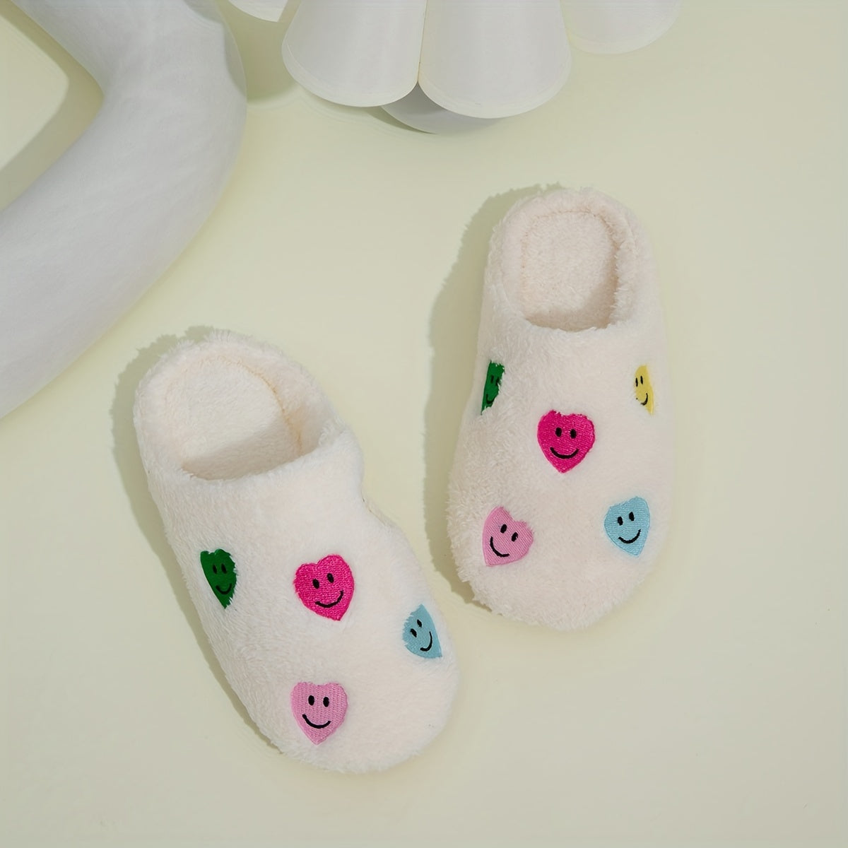 Cute Heart Smile Face Plush Slippers, Cozy & Warm Backless Flat Home Shoes, Valentine's Day Indoor Floor Slippers