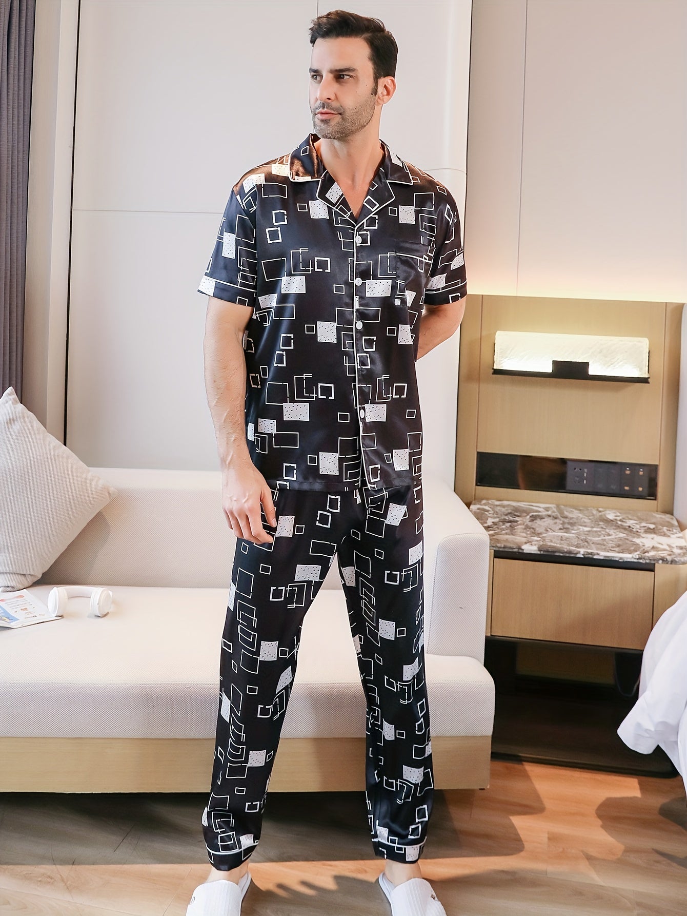 Mens 3-Piece Luxury Pajama Set - Cool Short Sleeve Shirt, Shorts & Long Pants - Breathable Ice Silk, Stylish Geometric Prints - Ultra-Soft, Comfy Lounge Wear for Summer Nights