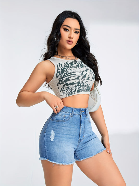 ZllKl  Ripped Raw Hem High Rise Denim Shorts, Washed Blue Streetwear Denim Shorts, Women's Denim Jeans & Clothing