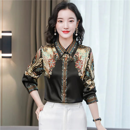 Women Fashion Print Pink Blouses Long Sleeve Vintage Ribbon Bow Shirt Ladies Classic Lapel Button Shirts Spring Autumn Woman Clothes Designer Blouse Cute Tops