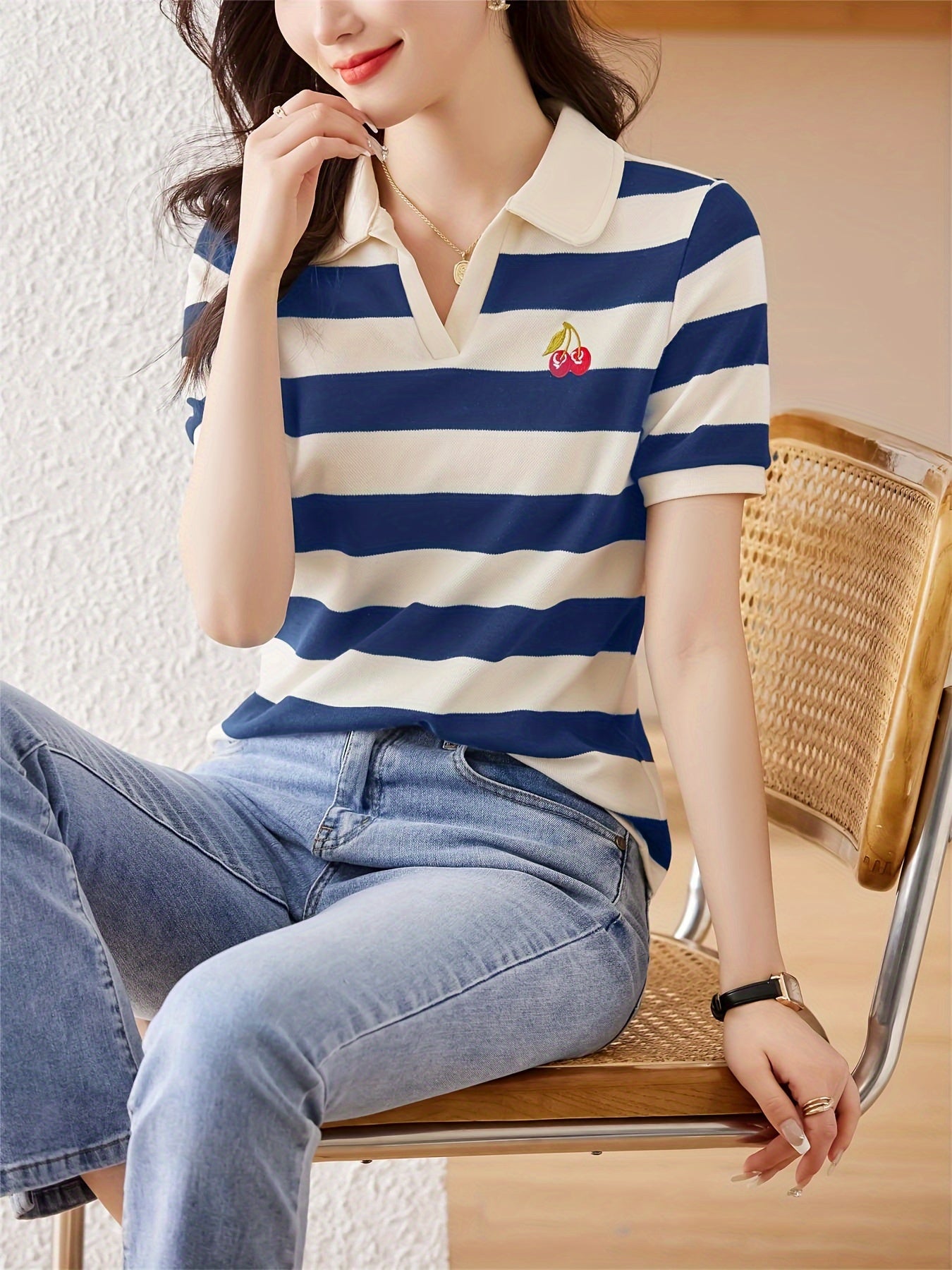 Cherry Pattern Striped Knitted T-shirt, Casual Notched Collar Short Sleeve Top, Women's Clothing