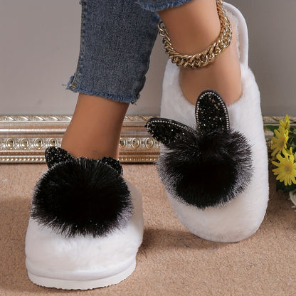 Cute Cat Hear Winter Plush Slippers, Cozy & Warm Pom-pom Closed Toe Shoes, Comfortable Flat Home Slippers