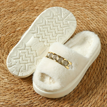 Women's Faux Fur Slides With Rhinestone Accent, Thick Sole Fluffy Slippers For Indoor/Outdoor Use, Soft Plush Open Toe House Shoes