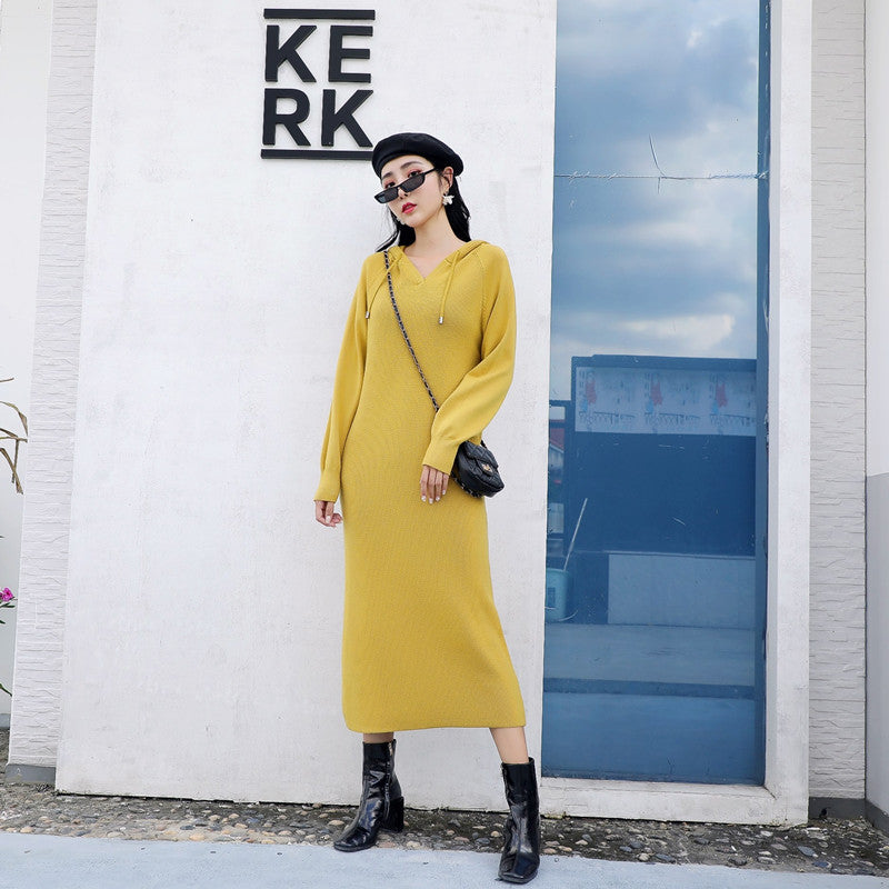 ZllKl Hooded long-sleeved knee-length dress 2025 autumn and winter Korean version long loose college style dress, thin casual dress