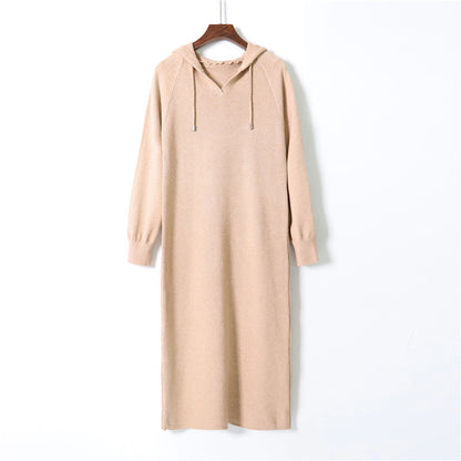 ZllKl Hooded long-sleeved knee-length dress 2025 autumn and winter Korean version long loose college style dress, thin casual dress