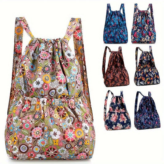 Vibrant Floral Print Nylon Drawstring Backpack - Spacious, Lightweight, Water-Resistant Travel & Sports Rucksack with Multiple Pockets and Polyester Lining for Women and Men