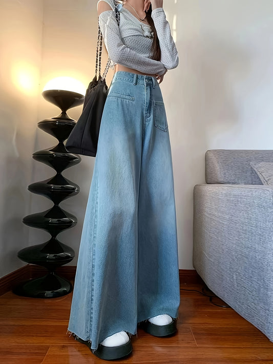 ZllKl Women's High Waist Wide Leg Denim Jeans, Casual Style, Frayed Hem, Oversized Vintage Pants, Street Fashion, Trendy Jean Trousers For Daily Wear