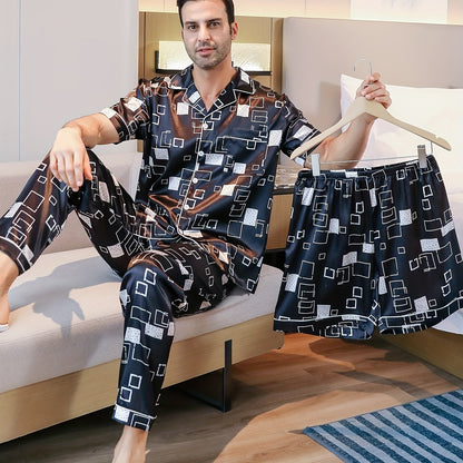 Mens 3-Piece Luxury Pajama Set - Cool Short Sleeve Shirt, Shorts & Long Pants - Breathable Ice Silk, Stylish Geometric Prints - Ultra-Soft, Comfy Lounge Wear for Summer Nights