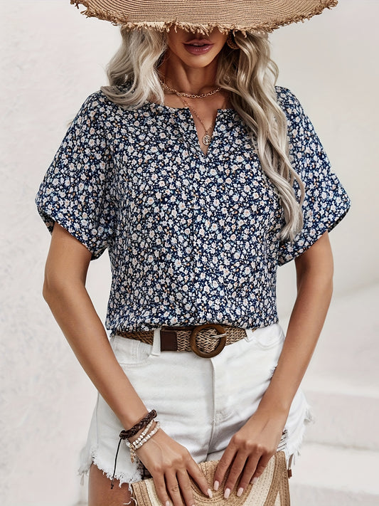 Plus Size Elegant Notched Neck Ditsy Floral Print Shirting Blouse - Soft Polyester Fabric, Non-Stretch, Woven, Short Sleeve, Random Printing, Perfect for Spring and Summer - Womens Plus Size Clothing for Confident Ladies