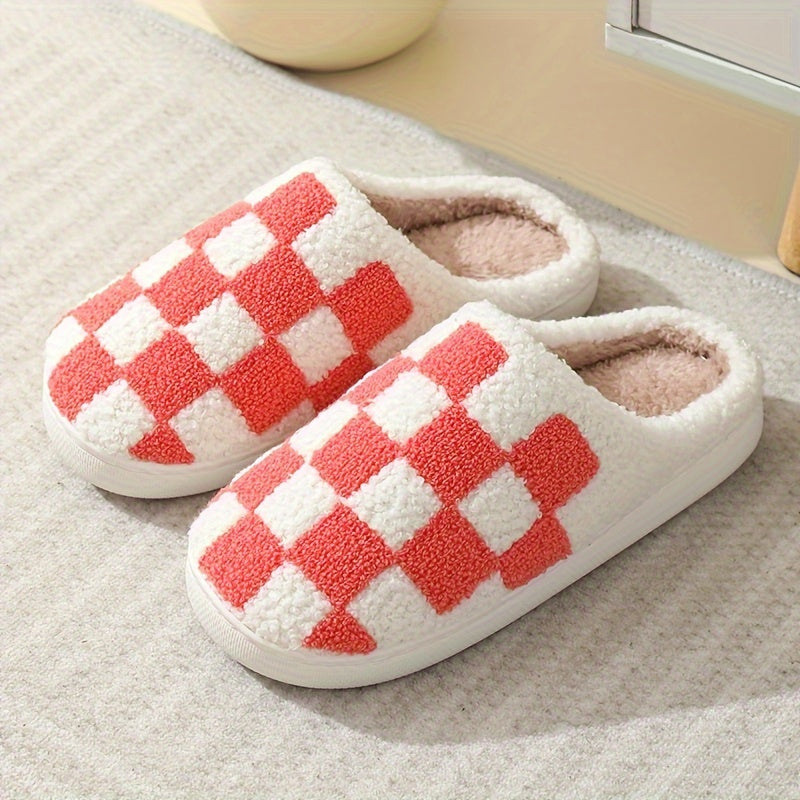 Casual Plaid Home Slippers - Cozy Warm Fleece Lined Indoor House Shoes for Couples, Minimalist Fashion Design, Slip-On, Round Toe, Fabric Upper, TPR Sole - Universal Fit for All Seasons