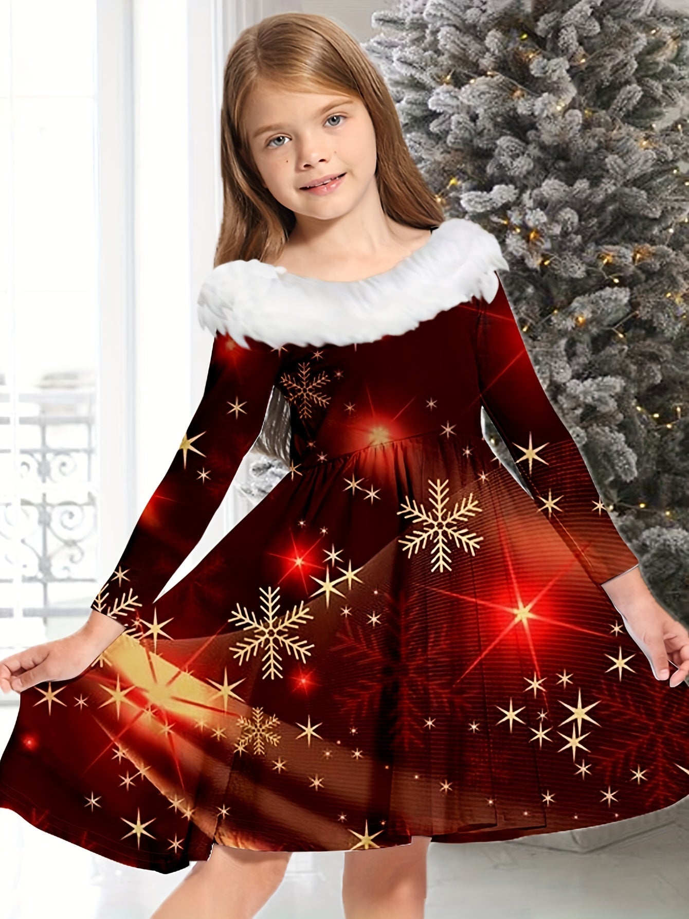 Long Sleeve Elegant Girls Plush Collar Snowflake & Fire Work Graphic Dress for Christmas Gift