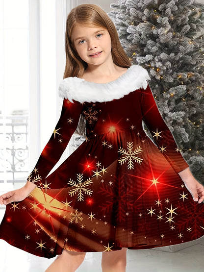 Long Sleeve Elegant Girls Plush Collar Snowflake & Fire Work Graphic Dress for Christmas Gift