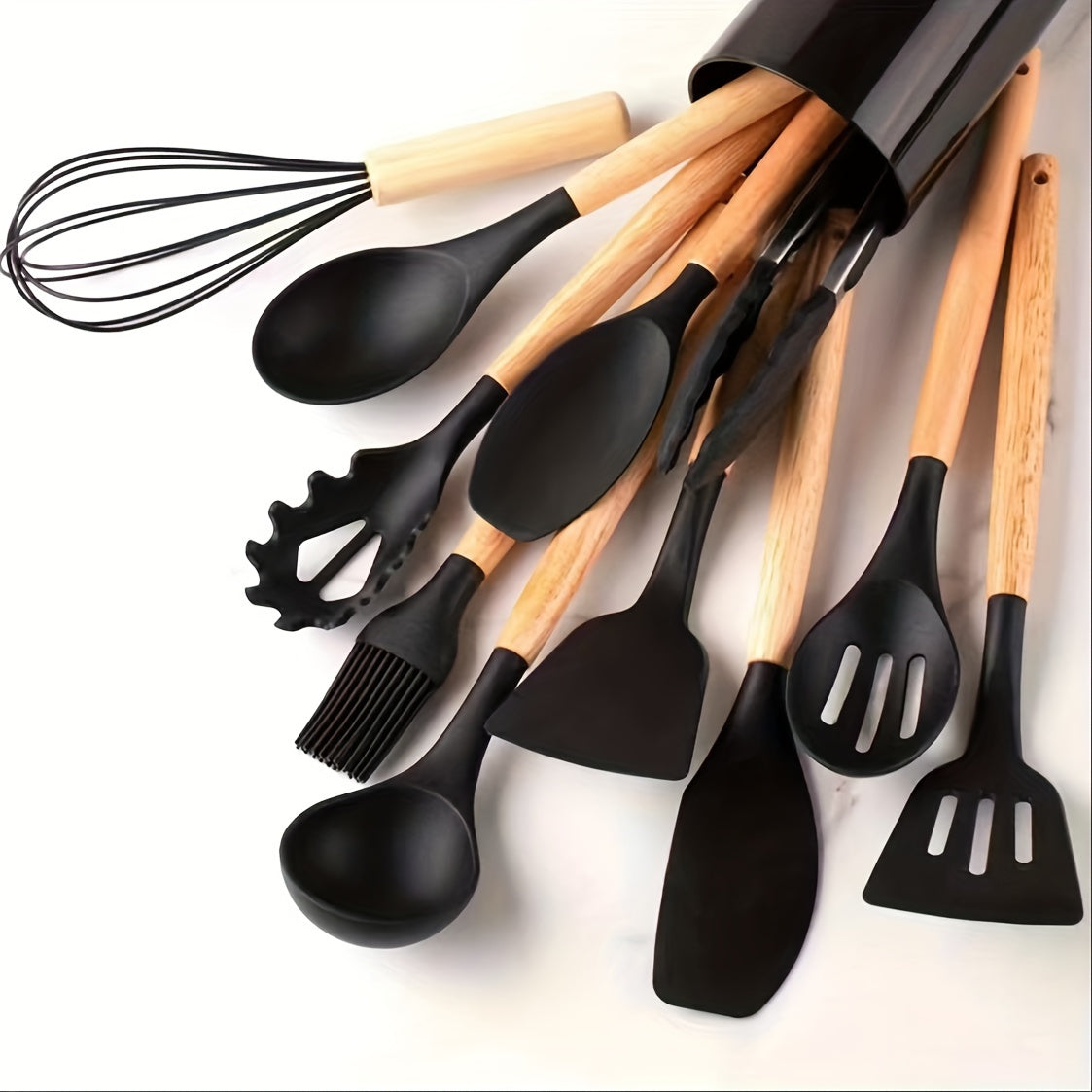 12pcs, Silicone Utensil Set, Khaki Kitchen Utensil Set With Wooden Handle, Safety Cooking Utensils Set, Non-Stick Kitchen Tools Set, Washable Modern Cookware, Kitchen Stuff, Kitchen Gadgets