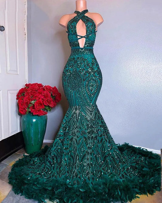 Luxurious Aqua Green Mermaid Prom Dresses With Feather Halter Neck Keyhole Sequined Beads Ruched Long Evening Gowns Formal Vestidos BC18289