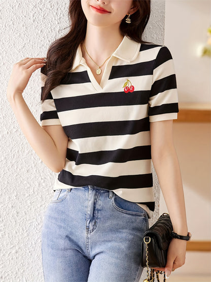 Cherry Pattern Striped Knitted T-shirt, Casual Notched Collar Short Sleeve Top, Women's Clothing