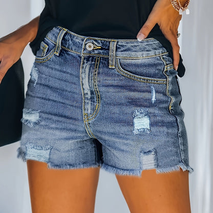 ZllKl  Ripped Raw Hem Whiskering Denim Shorts, Stretchy Distressed Slash Pocket Denim Shorts, Women's Denim Jeans & Clothing