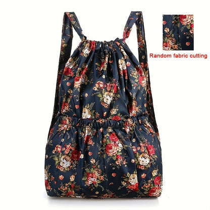 Vibrant Floral Print Nylon Drawstring Backpack - Spacious, Lightweight, Water-Resistant Travel & Sports Rucksack with Multiple Pockets and Polyester Lining for Women and Men