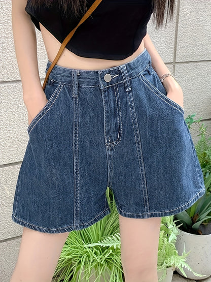 ZllKl  High-Waist Loose Fit Denim Shorts, Summer Casual Style, Plain Washed Blue Denim Shorts Trendy Fashion