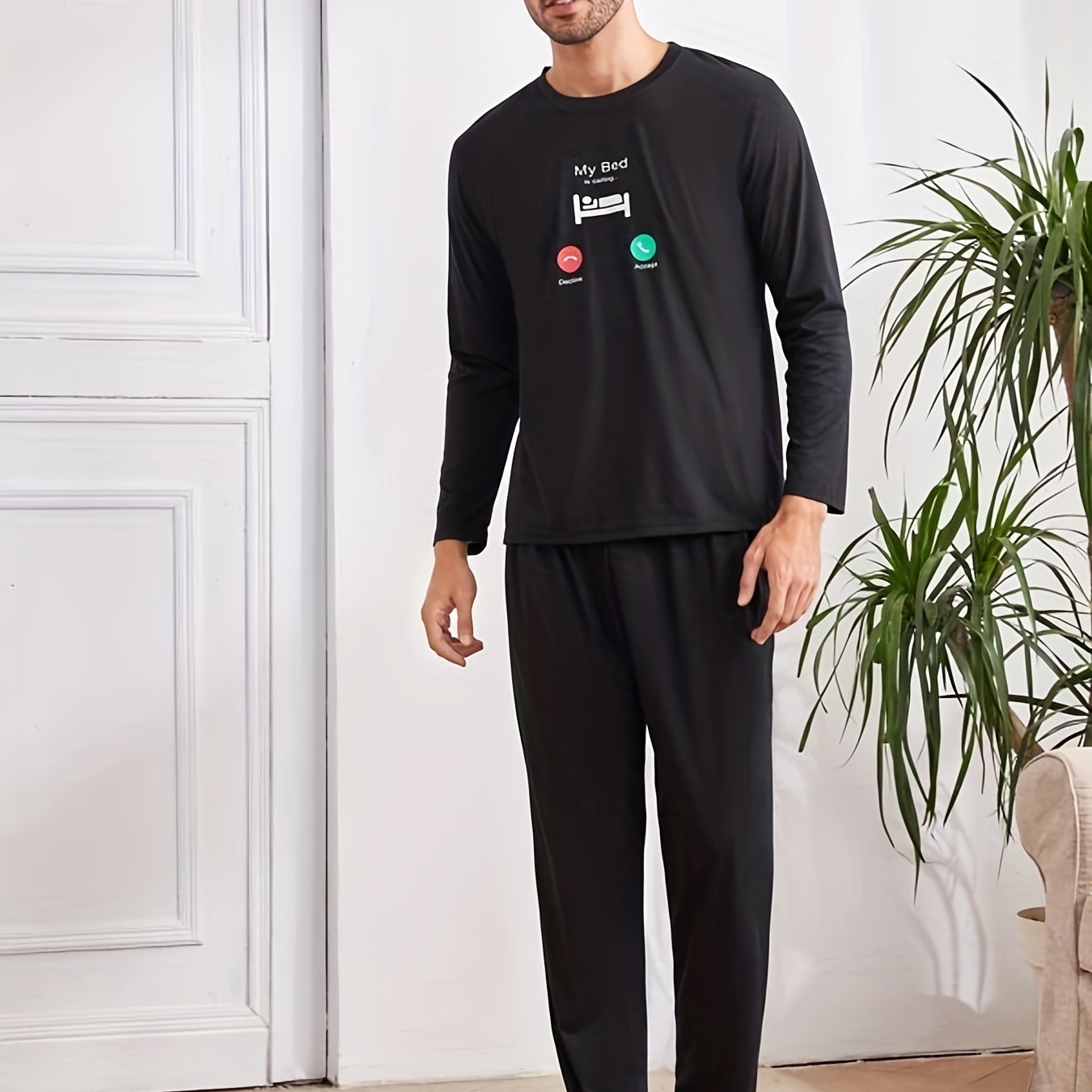 Men's Casual Long Sleeve T-shirt & Trousers Loungewear Set, Crew Neck Graphic Print Pajama Top & Loose Pants Set