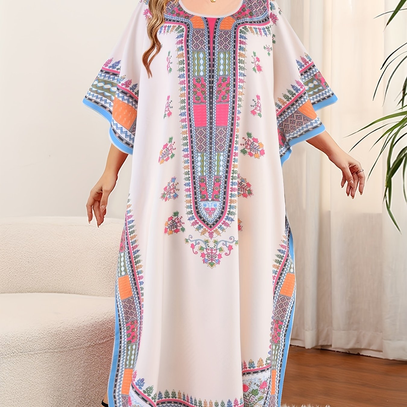 ZllKl Plus Size Geometric Pattern Kaftan Dress, Casual Crew Neck Batwing Sleeve Dress, Women's Plus Size Clothing