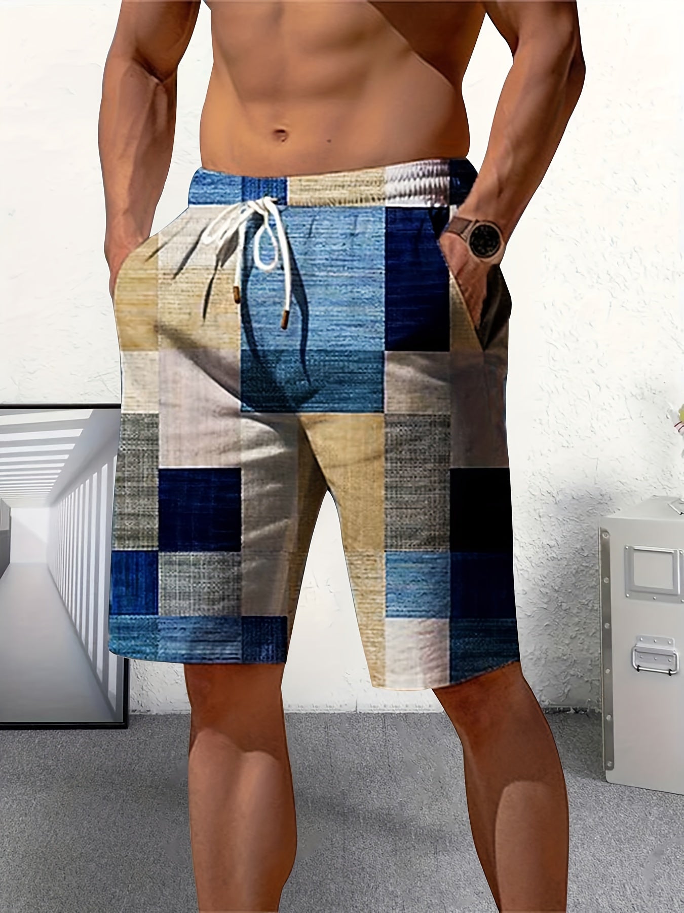 Latest Men's Gentle Comfy Pajama Color Block Print Shorts, Premium Print Design Sleep Bottoms