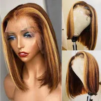 Short Bob Straight Human Hair Wig with Baby Hairs Brazilian Pre-Plucked 13x1 Lace Front Synthetic Wigs For Women