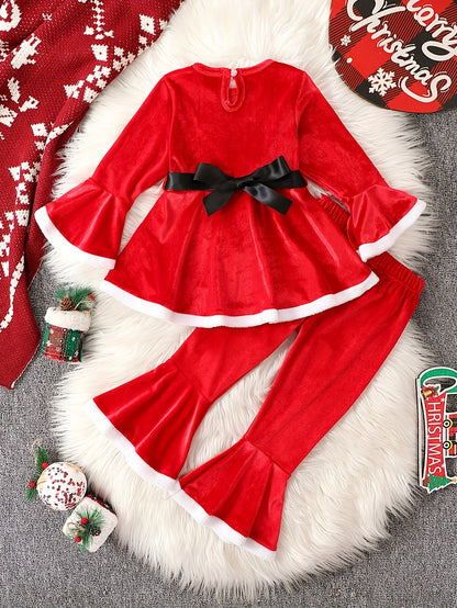 2 Pcs Toddler Girl's Christmas Outfit Set: Belted Peplum Top & Velvet Flared Pants, Santa Claus Dressed-up Clothes for Winter Fall