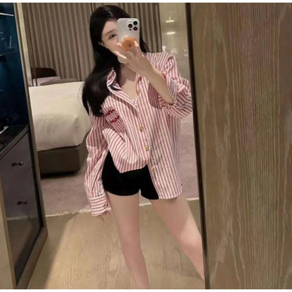 Womens Blouses Designer Embroidered letter pink striped shirts for womens spring new casual long sleeved POLO collar shirt top