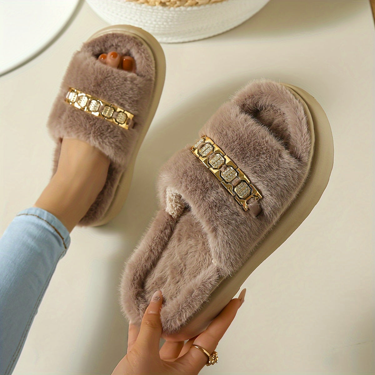 Women's Faux Fur Slides With Rhinestone Accent, Thick Sole Fluffy Slippers For Indoor/Outdoor Use, Soft Plush Open Toe House Shoes