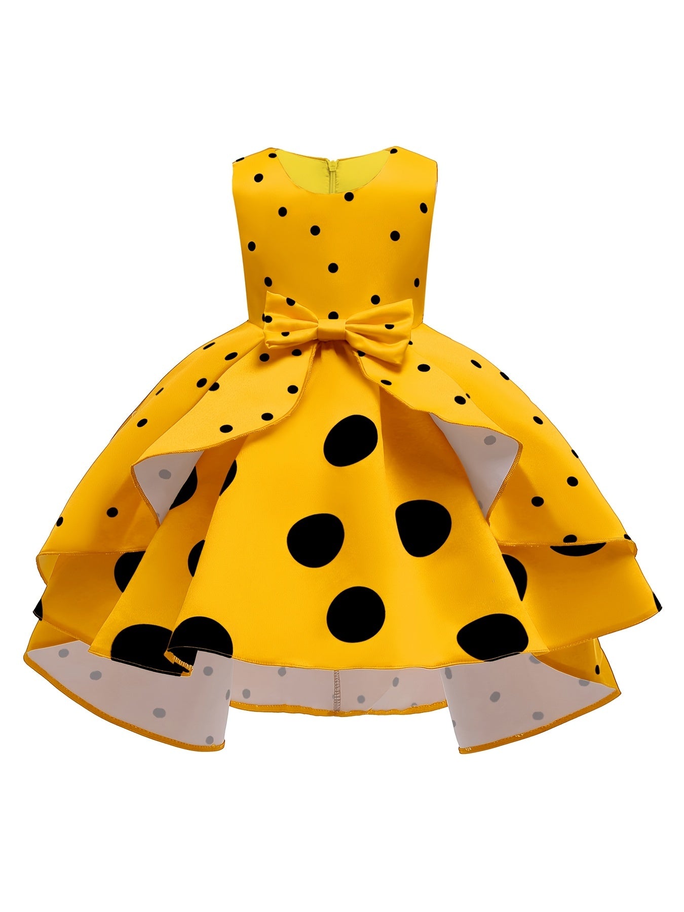 Elegant Polka Dot Sleeveless Party Dress for Girls - All Season, Ruffled, Bow & Belt Details, Knee-High