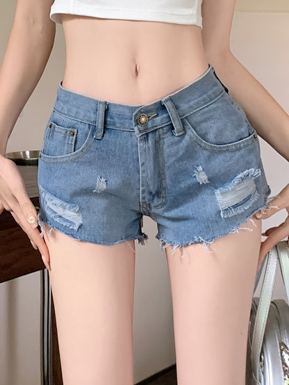 ZllKl  Hot Letter Print Ripped Denim Shorts, Raw Hem Slash Pocket Low Rise Mini Denim Shorts, Women's Denim Jeans & Clothing