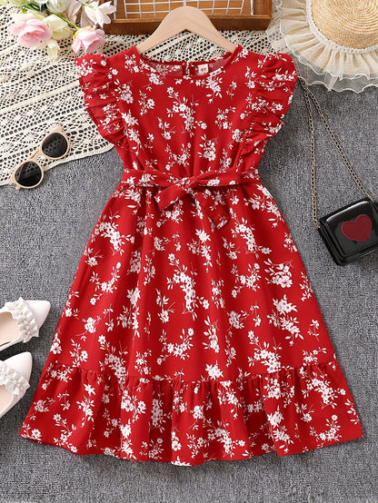 Stunning Vintage-Style Sleeveless Dress for Girls with Flower Print and Flutter Trim, Perfect for Summer and Christmas Party Gift