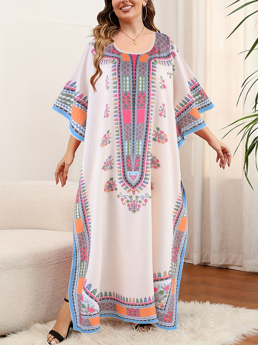 ZllKl Plus Size Geometric Pattern Kaftan Dress, Casual Crew Neck Batwing Sleeve Dress, Women's Plus Size Clothing