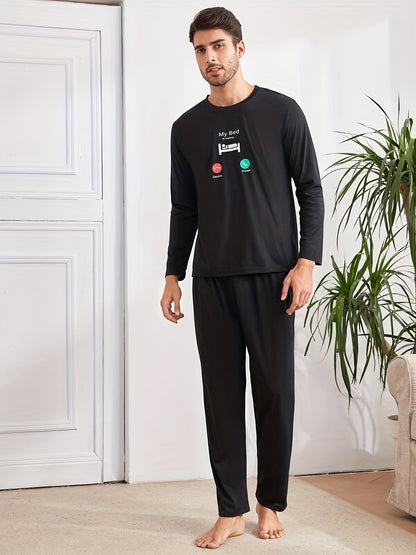 Men's Casual Long Sleeve T-shirt & Trousers Loungewear Set, Crew Neck Graphic Print Pajama Top & Loose Pants Set