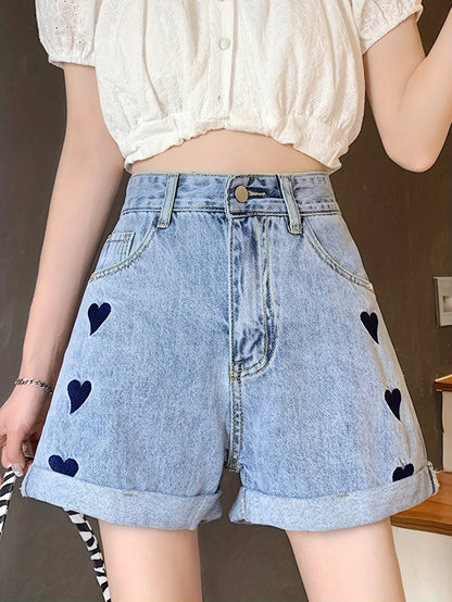 ZllKl  Heart Pattern Niche Denim Shorts, Rolled Hem Slash Pockets Short Denim Pants, Women's Denim Jeans & Clothing