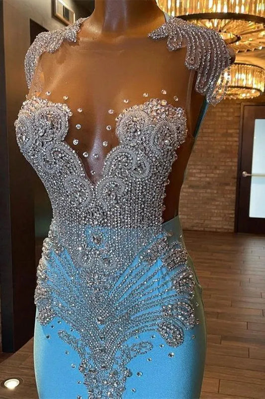 Light Blue Mermaid Prom Dresses  Sheer Cap Sleeves Beaded Rhinestones Women Pageant Dresses Backless Long Party Evening Gowns BC16254 0229