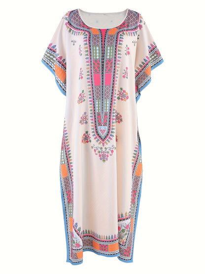 ZllKl Plus Size Geometric Pattern Kaftan Dress, Casual Crew Neck Batwing Sleeve Dress, Women's Plus Size Clothing