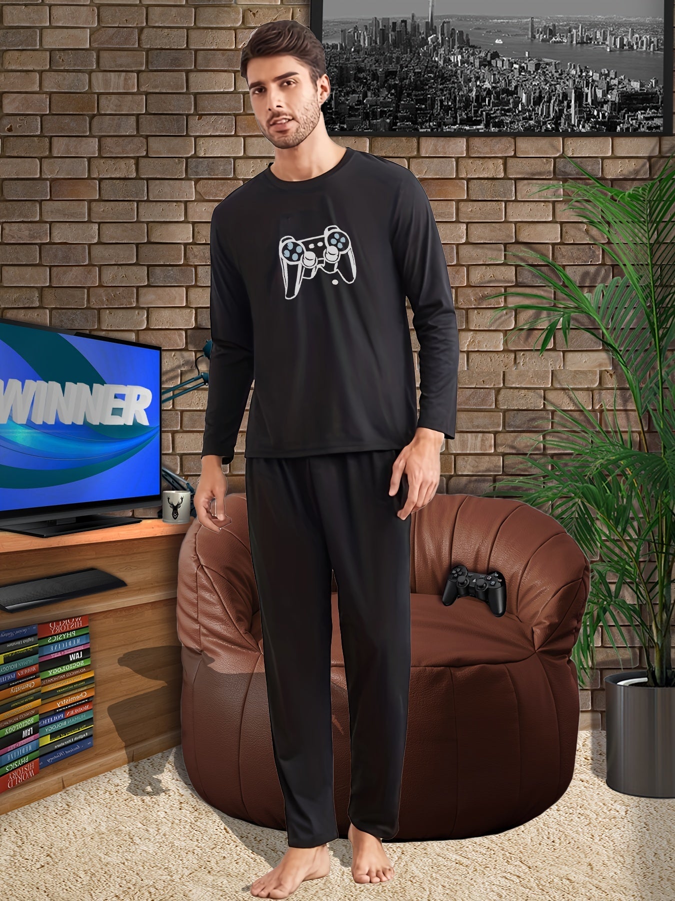 Men's Casual Long Sleeve T-shirt & Trousers Loungewear Set, Crew Neck Graphic Print Pajama Top & Loose Pants Set