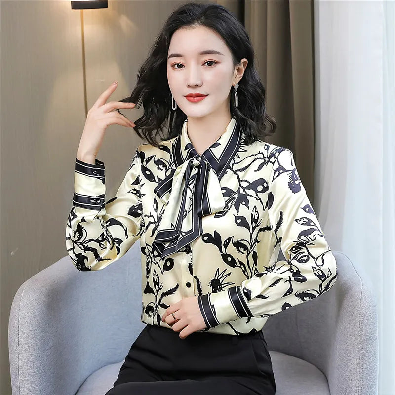 Women Fashion Print Pink Blouses Long Sleeve Vintage Ribbon Bow Shirt Ladies Classic Lapel Button Shirts Spring Autumn Woman Clothes Designer Blouse Cute Tops