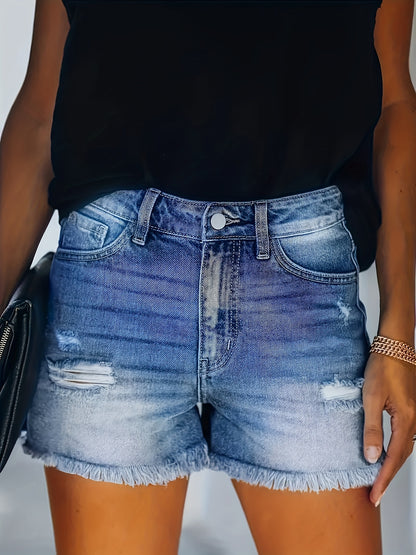 ZllKl  Raw Hem Washed Denim Shorts, Ripped Holes Slash Pockets Short Denim Pants, Women's Denim Jeans & Clothing