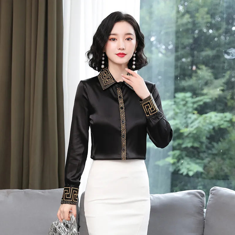 Luxury Designer Print Classic Satin Shirt Plus Size Women Fashion Long Sleeve Button Front Shirts  Spring Autumn Ladies Runway Lapel Blouse Elegant Silk Tops