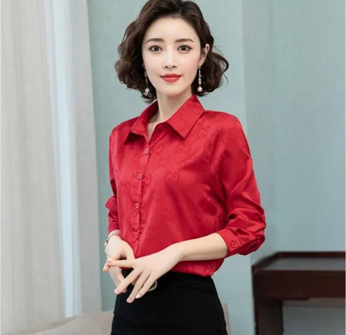 Designer Women Shirt Blouses Printed Silk Fabric Jacquard Texture Satin Classic Office Long Sleeve Elegant Basic Lapel Commuter Versatile Tops