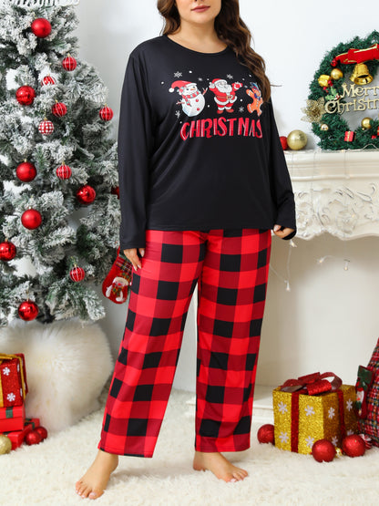 Plus Size Christmas Pajama Set, Long Sleeve Plaid Pants, Santa Gingerbread Print, Casual Polyester Knit Sleepwear, Adult Cozy Loungewear for Women