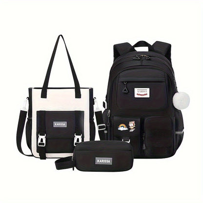 3 Pcs Preppy Solid Color Bag Set - Spacious Minimalist Backpack with Adjustable Strap, Detachable Shoulder Bag & Clutch Zipper Bag - Foldable, Polyester Lining, and Casual Style for School and Daily Use