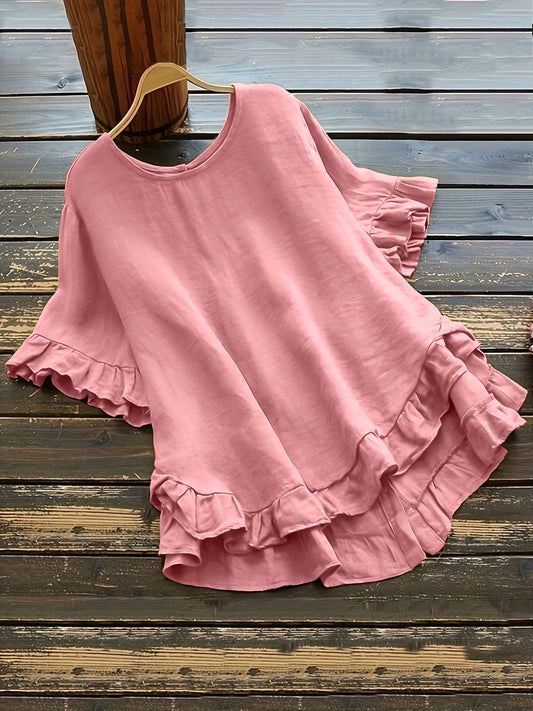 ZllKl Solid Button Back Ruffled Trim Blouse, Casual Short Sleeve Blouse For Spring & Summer, Women's Clothing