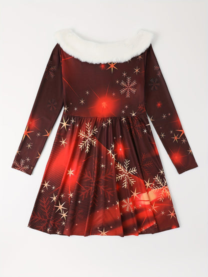 Long Sleeve Elegant Girls Plush Collar Snowflake & Fire Work Graphic Dress for Christmas Gift