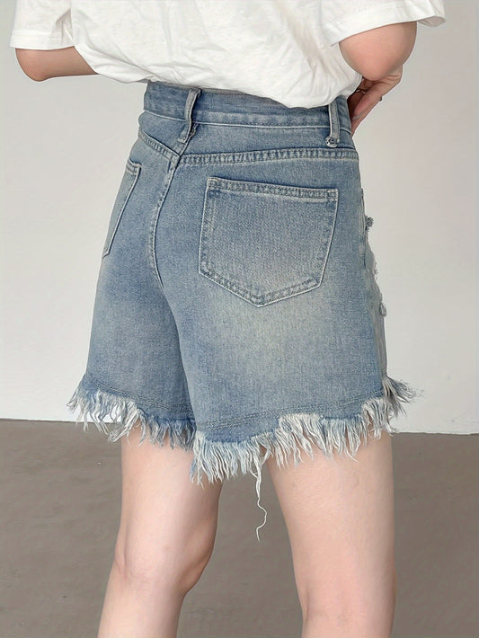 ZllKl  Ripped Raw Hem Denim Shorts, Distressed Washed Blue Denim Shorts, Women's Denim Jeans & Clothing